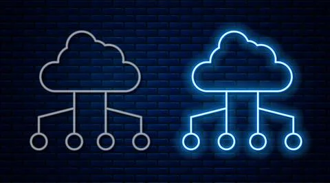 Glowing neon line Network cloud connection icon isolated on brick wall Stock Illustration