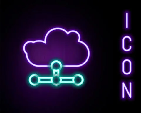 Glowing neon line Network cloud connection icon isolated on black background Stock Illustration