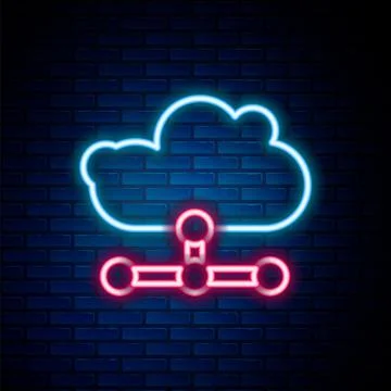 Glowing neon line Network cloud connection icon isolated on brick wall Illustrazione stock