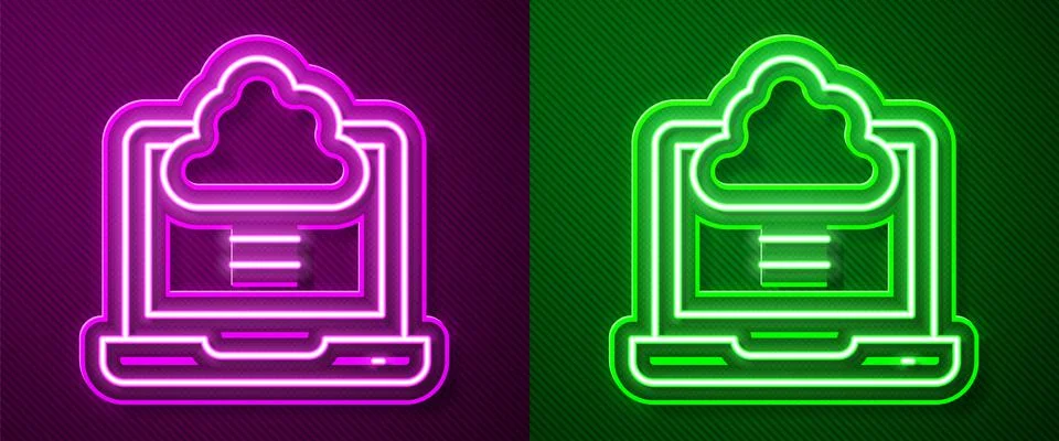 Glowing neon line Network cloud connection icon isolated on purple and green Stock Illustration