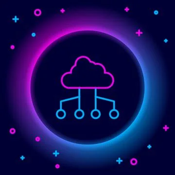 Glowing neon line Network cloud connection icon isolated on black background Stock Illustration