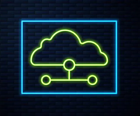 Glowing neon line Network cloud connection icon isolated on brick wall Illustrazione stock