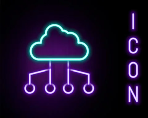 Glowing neon line Network cloud connection icon isolated on black background Stock Illustration