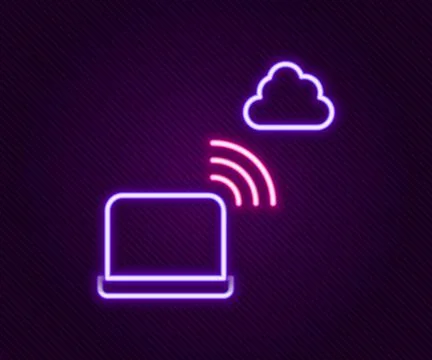 Glowing neon line Network cloud connection icon isolated on black background 스톡 일러스트