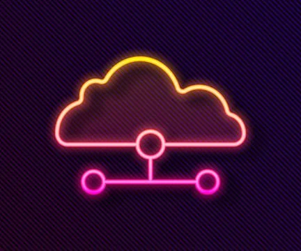Glowing neon line Network cloud connection icon isolated on black background. Stock Illustration