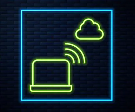 Glowing neon line Network cloud connection icon isolated on brick wall backgr Stock Illustration