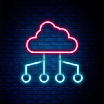 Glowing neon line Network cloud connection icon isolated on brick wall backgr Stock Illustration