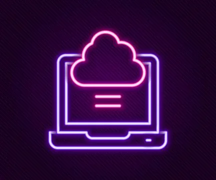 Glowing neon line Network cloud connection icon isolated on black background. Stock Illustration