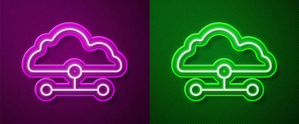 Glowing neon line Network cloud connection icon isolated on purple and green  Illustrazione stock