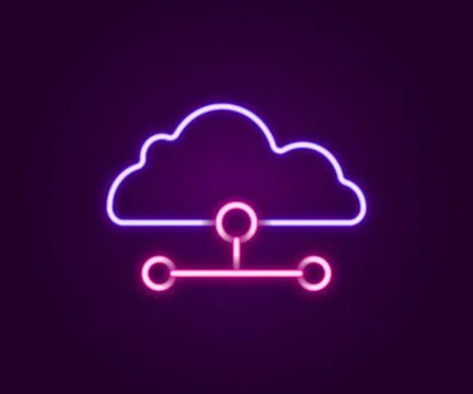 Glowing neon line Network cloud connection icon isolated on black backgroun.. Stock Illustration