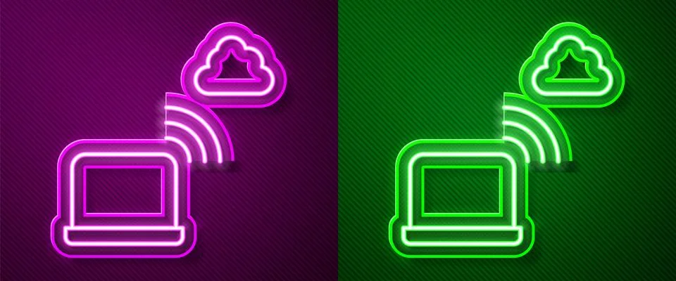 Glowing neon line Network cloud connection icon isolated on purple and gree.. Stock Illustration