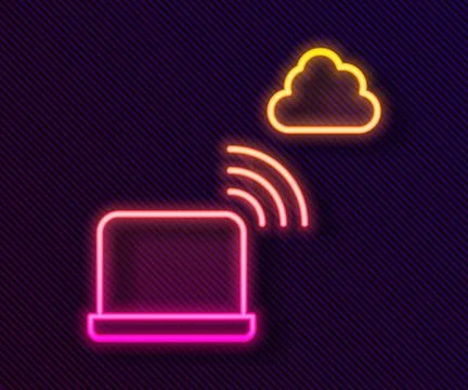 Glowing neon line Network cloud connection icon isolated on black backgroun.. Stock Illustration