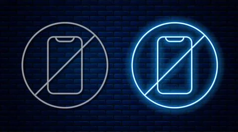 Glowing neon line No cell phone icon isolated on brick wall background. No .. Stock Illustration