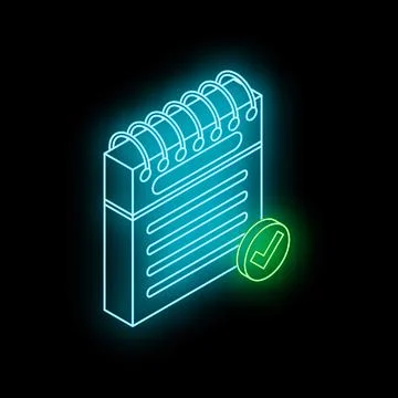 Glowing neon line notebook with to do list or writing pad and check mark icon Stock Illustration