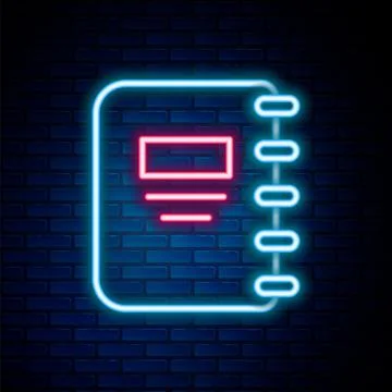 Glowing neon line Notebook icon isolated on brick wall background. Spiral 스톡 일러스트