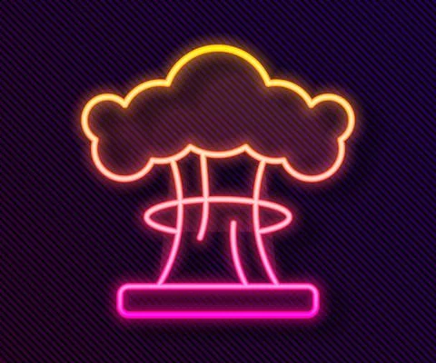Glowing neon line Nuclear explosion icon isolated on black background. Atomic Ilustración de archivo