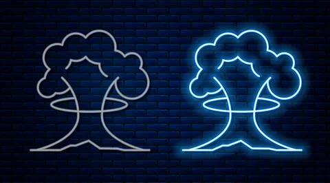 Glowing neon line Nuclear explosion icon isolated on brick wall background Stock Illustration
