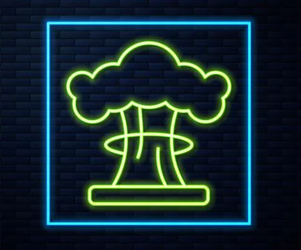 Glowing neon line Nuclear explosion icon isolated on brick wall background... イラスト素材