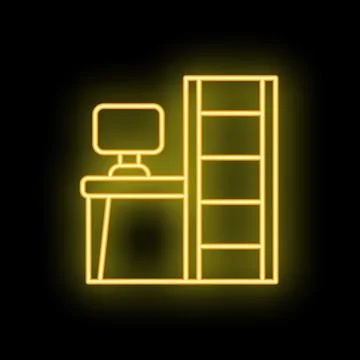 Glowing neon line office workplace desk icon illustration on dark background Stock Illustration