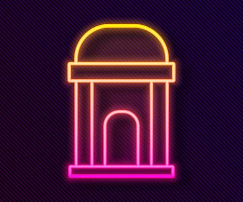 Glowing neon line Old crypt icon isolated on black background. Cemetery symbol Ilustración de archivo