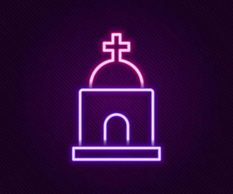 Glowing neon line Old crypt icon isolated on black background. Cemetery symbol Ilustración de archivo