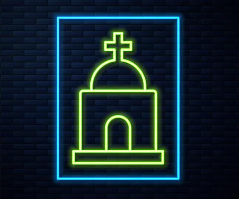 Glowing neon line Old crypt icon isolated on brick wall background. Cemetery Ilustración de archivo
