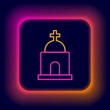 Glowing neon line Old crypt icon isolated on black background. Cemetery symbol Ilustración de archivo