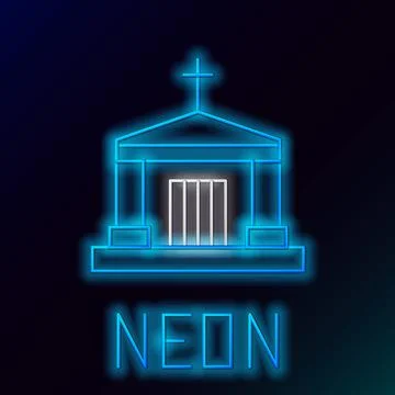 Glowing neon line Old crypt icon isolated on black background. Cemetery symbol Ilustración de archivo