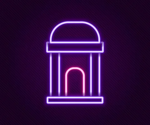 Glowing neon line Old crypt icon isolated on black background. Cemetery symbol Ilustración de archivo