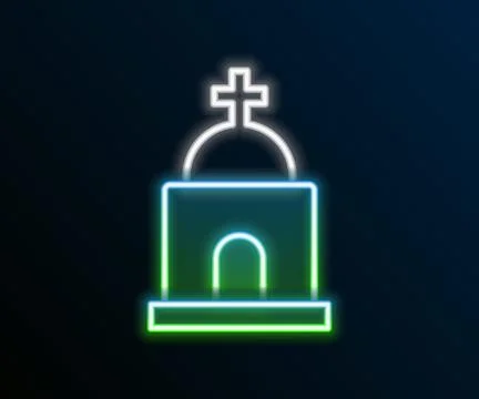 Glowing neon line Old crypt icon isolated on black background. Cemetery sym.. Ilustración de archivo