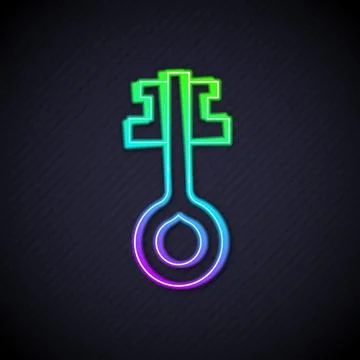 Glowing neon line Old magic key icon isolated on black background.  Vector Stock Illustration