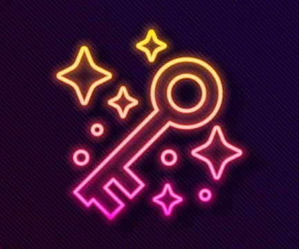 Glowing neon line Old magic key icon isolated on black background.  Vector Stock Illustration