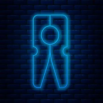 Glowing neon line Old wood clothes pin icon isolated on brick wall background イラスト素材