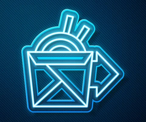 Glowing neon line Online ordering and noodles delivery icon isolated on blue Stock Illustration