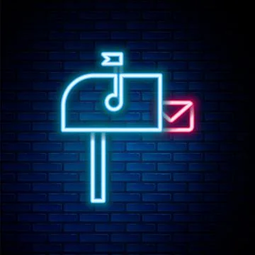 Glowing neon line Open mail box icon isolated on brick wall background. Mailbox Stock Illustration