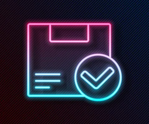 Glowing neon line Package box with check mark icon isolated on black background 스톡 일러스트