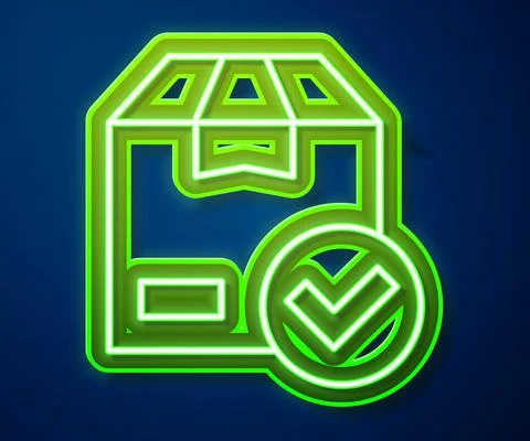 Glowing neon line Package box with check mark icon isolated on blue background Stock Illustration