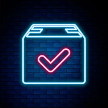 Glowing neon line Package box with check mark icon isolated on brick wall b.. 스톡 일러스트