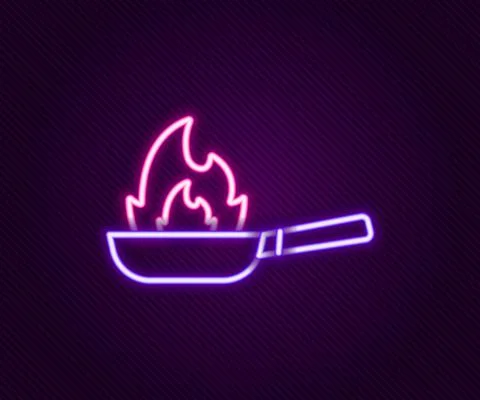 Glowing neon line Pan with fire icon isolated on black background. Colorful Stock Illustration