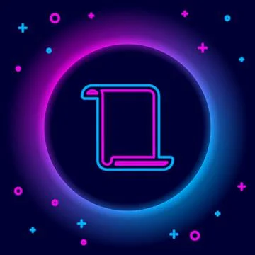 Glowing neon line Paper scroll icon isolated on black background. Canvas scroll Stock Illustration
