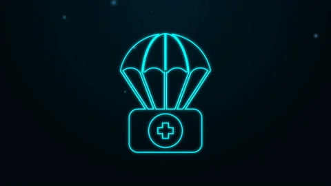 Glowing neon line Parachute with first aid kit icon isolated on black background Stock Footage 139717216