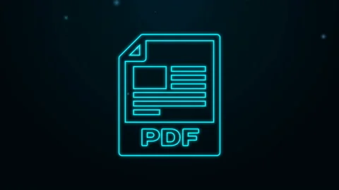Glowing neon line PDF file document. Download pdf button icon isolated on black Video stock 139478668