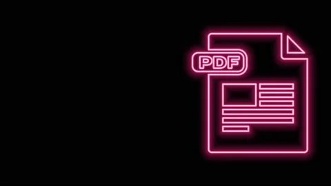 Glowing neon line PDF file document. Download pdf button icon isolated on black Video stock 141010417