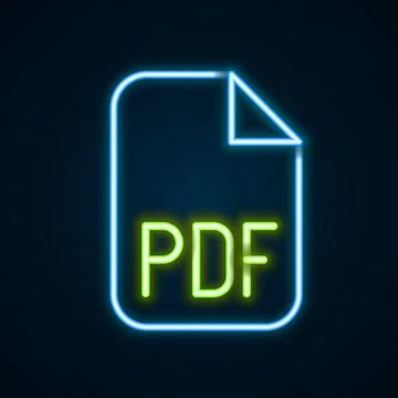 Glowing neon line PDF file document. Download pdf button icon isolated on black Illustrazione stock
