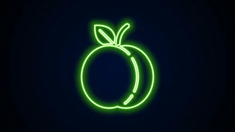Glowing neon line Peach fruit or nectarine with leaf icon isolated on black Stock Footage 141965180