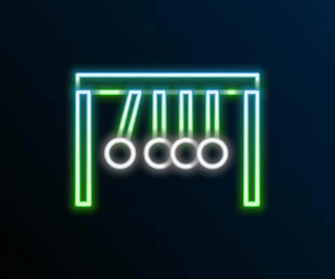 Glowing neon line Pendulum icon isolated on black background. Newtons cradle Stock Illustration