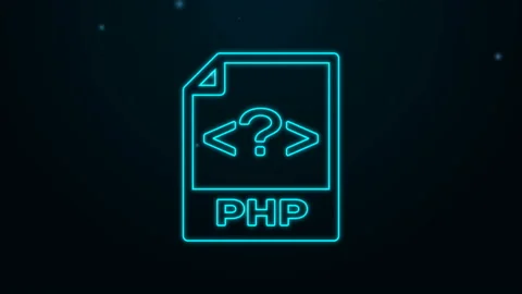 Glowing neon line PHP file document. Download php button icon isolated on black Stock Footage 139476468
