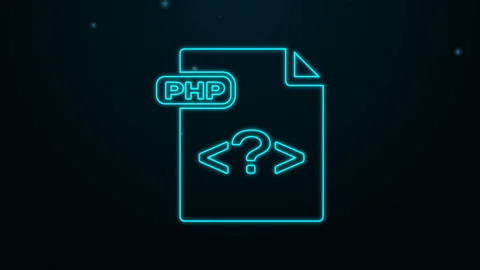 Glowing neon line PHP file document. Download php button icon isolated on black Stock Footage 139502536