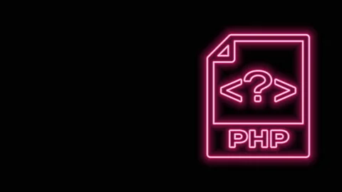 Glowing neon line PHP file document. Download php button icon isolated on black Stock Footage 140826651