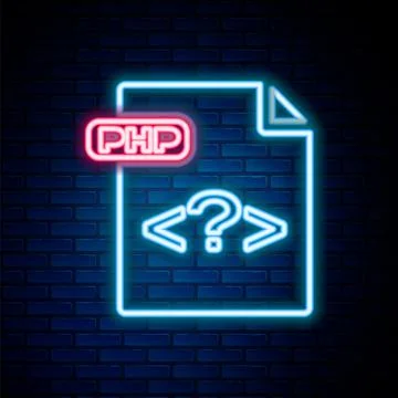Glowing neon line PHP file document. Download php button icon isolated on brick 스톡 일러스트